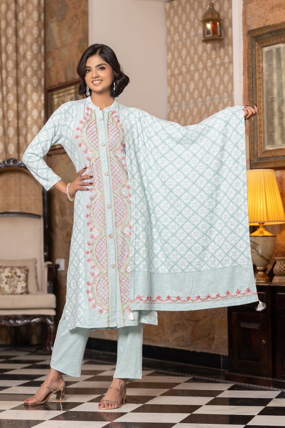 Ice Blue velvet shawl suit – Ogsan Design 109
