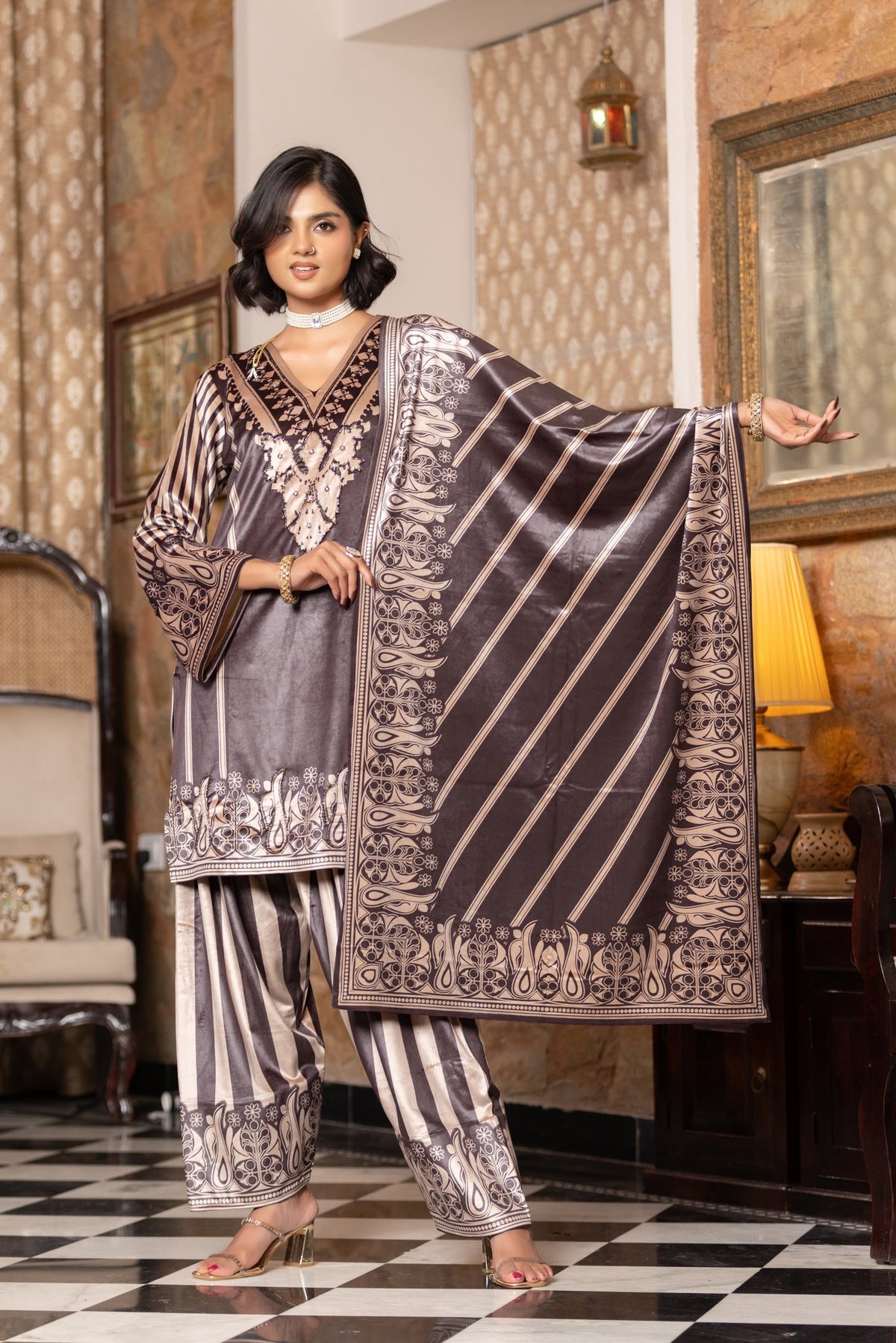 Grey Mauve velvet shawl suit – Ogsan Design 115