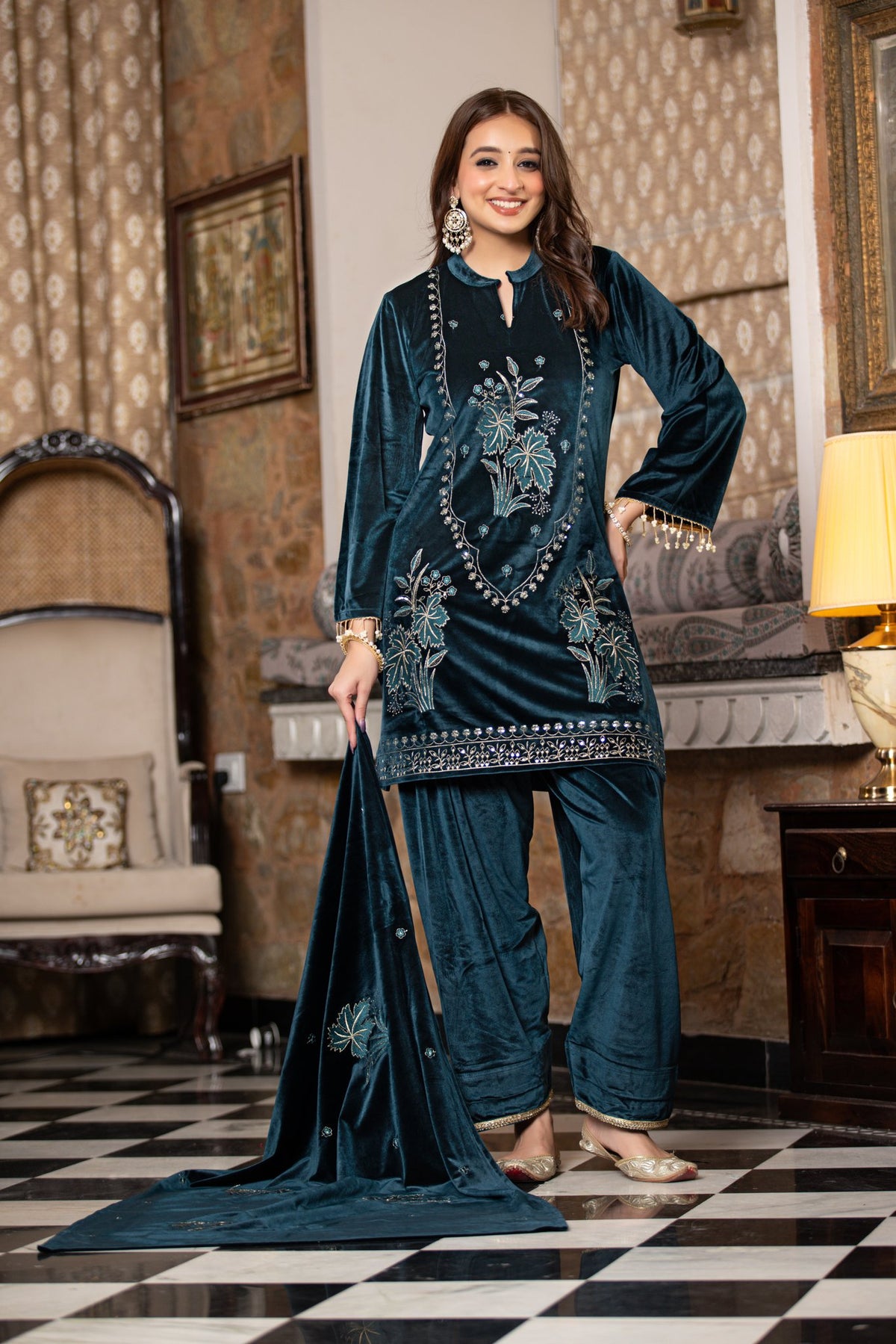 Teal velvet shawl suit – Ogsan Design 116