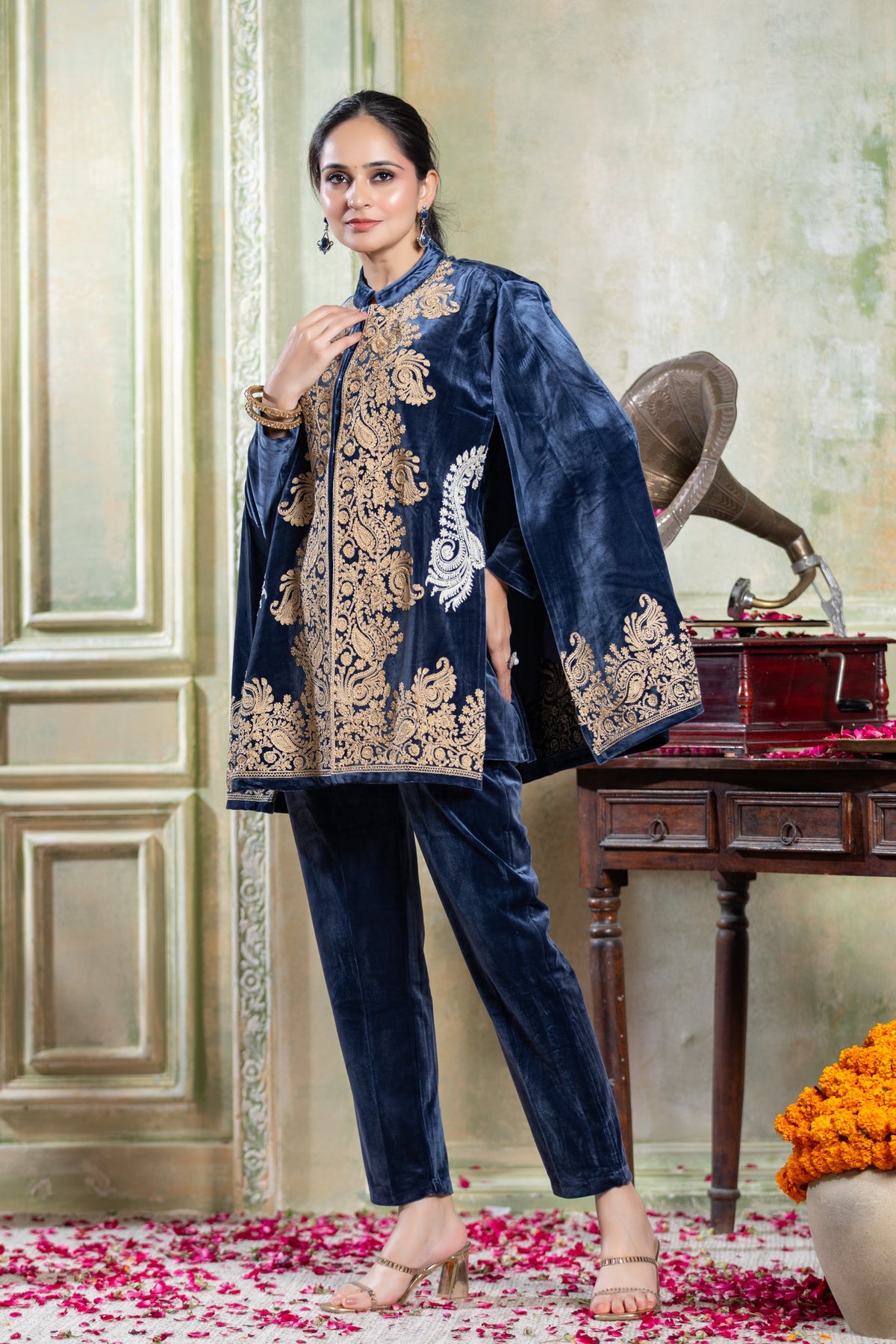 OGSAN navy blue velvet zari cape style co-ord set