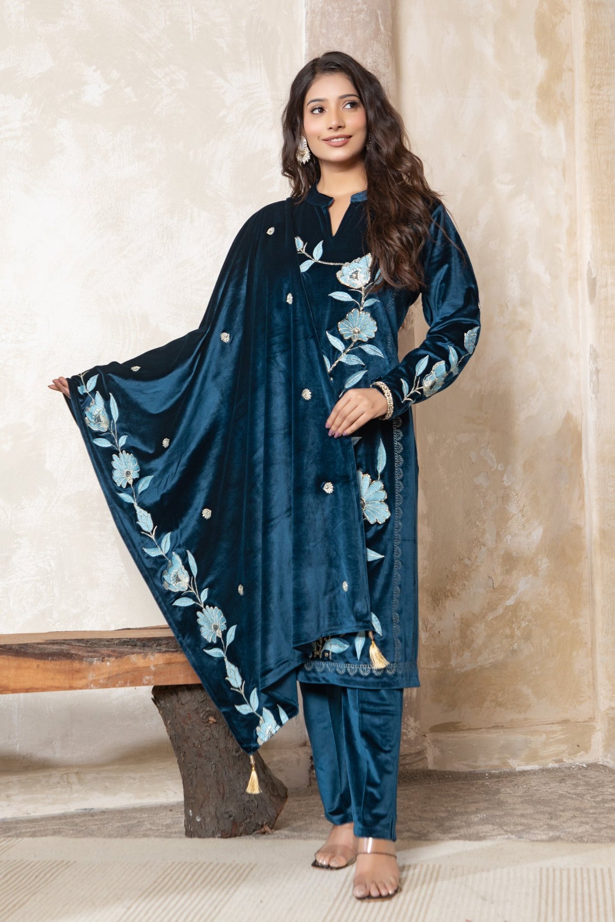 Teal Blue velvet shawl suit – Ogsan Design 163