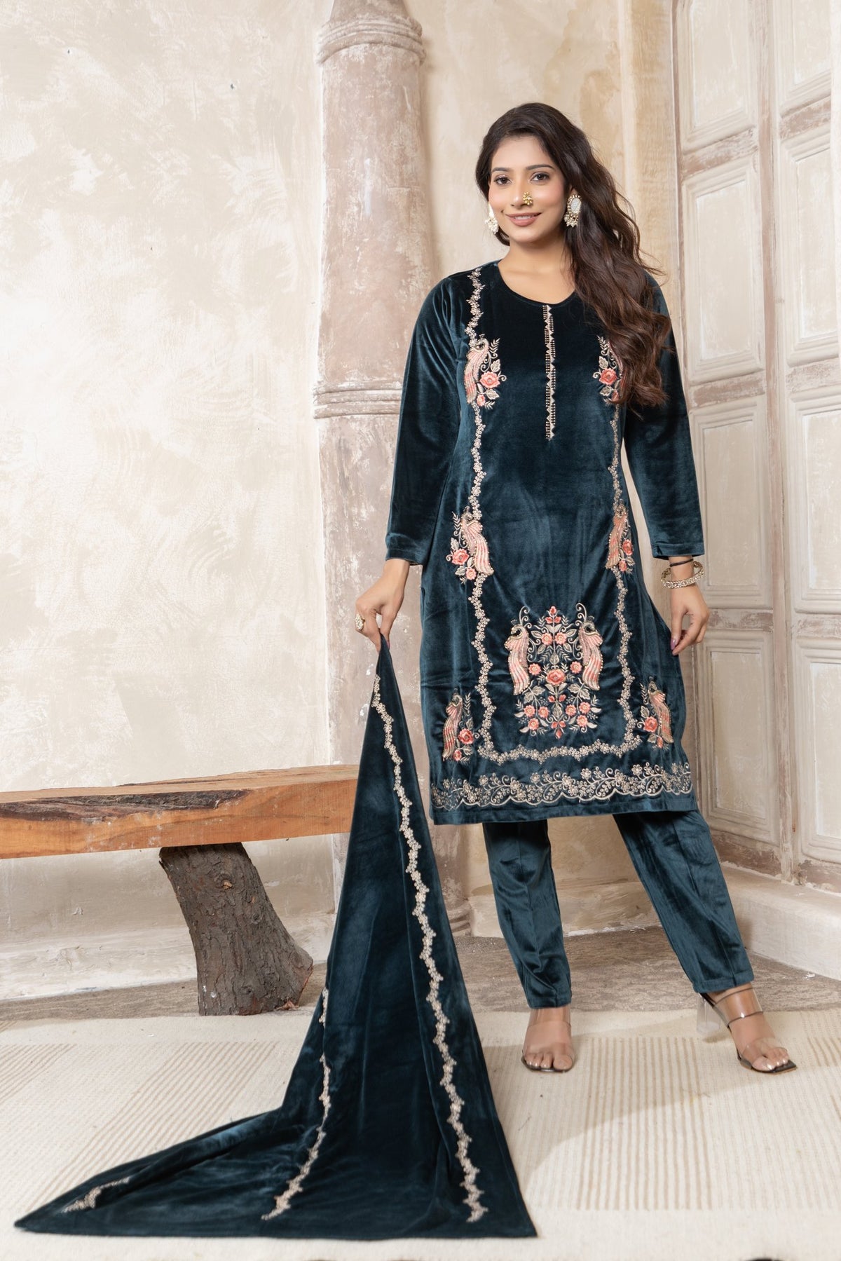 Teal velvet shawl suit – Ogsan Design 166