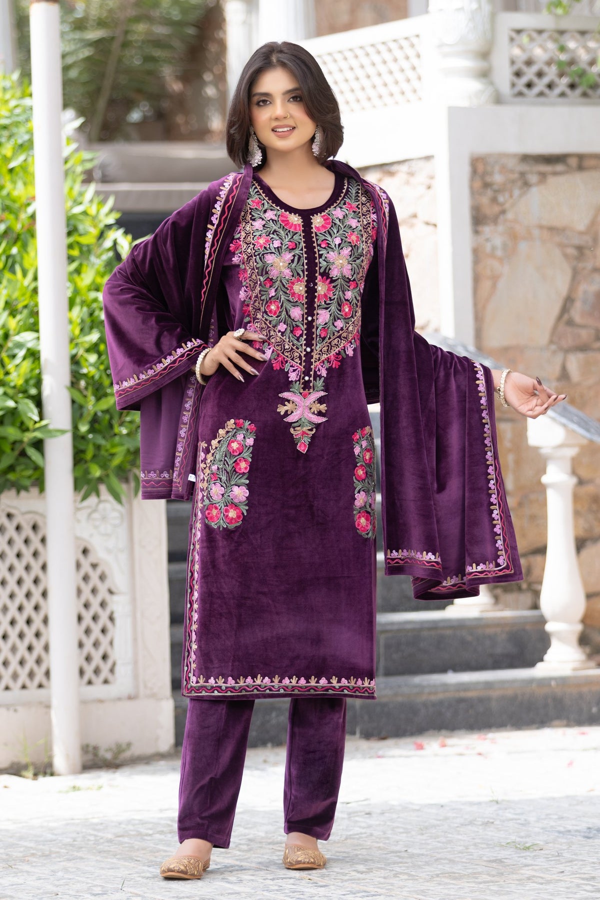 OGSAN purple velvet multicolour floral embroidery shawl suit