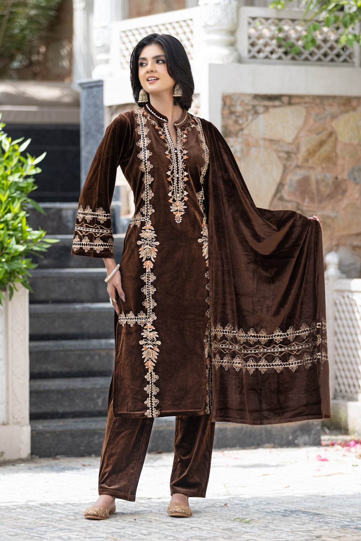 Coffee Brown velvet shawl suit – Ogsan Design 44