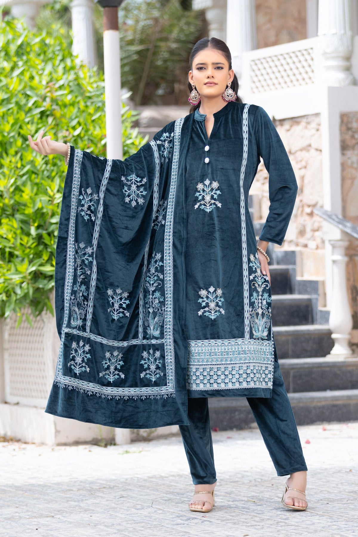 Teal Blue velvet shawl suit – Ogsan Design 45