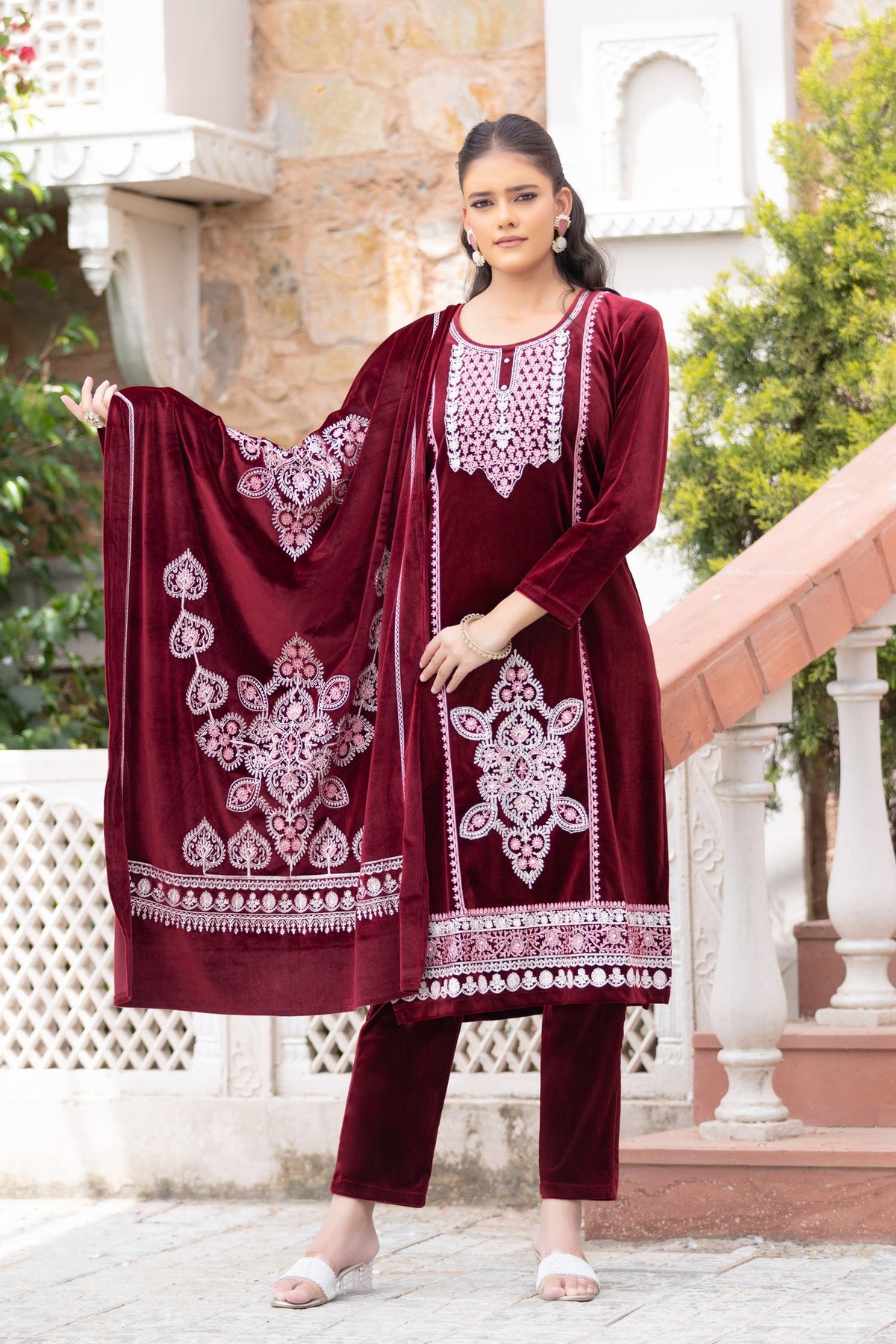 Maroon velvet shawl suit – Ogsan Design 48