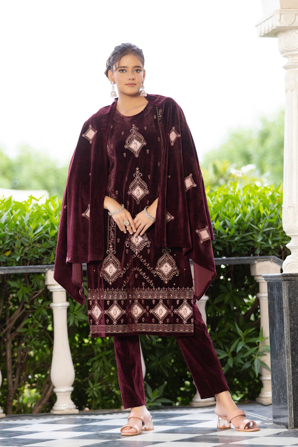 Maroon velvet shawl suit – Ogsan Design 95