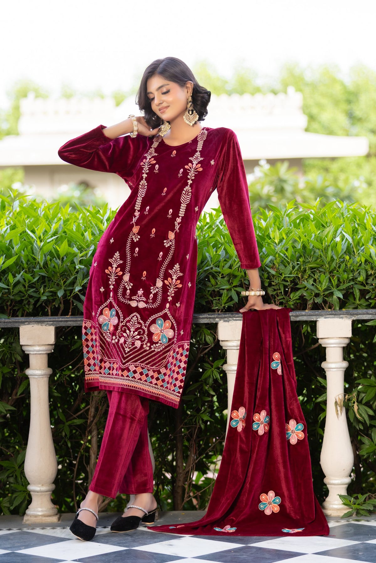 Maroon Red velvet shawl suit – Ogsan Design 97
