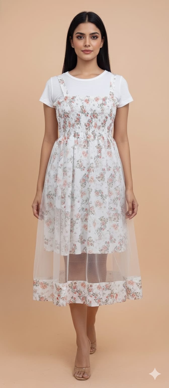 Ogsan Fashion Floral Layered Net Midi Dress – Premium Summer Collection - Ogsan Fashion