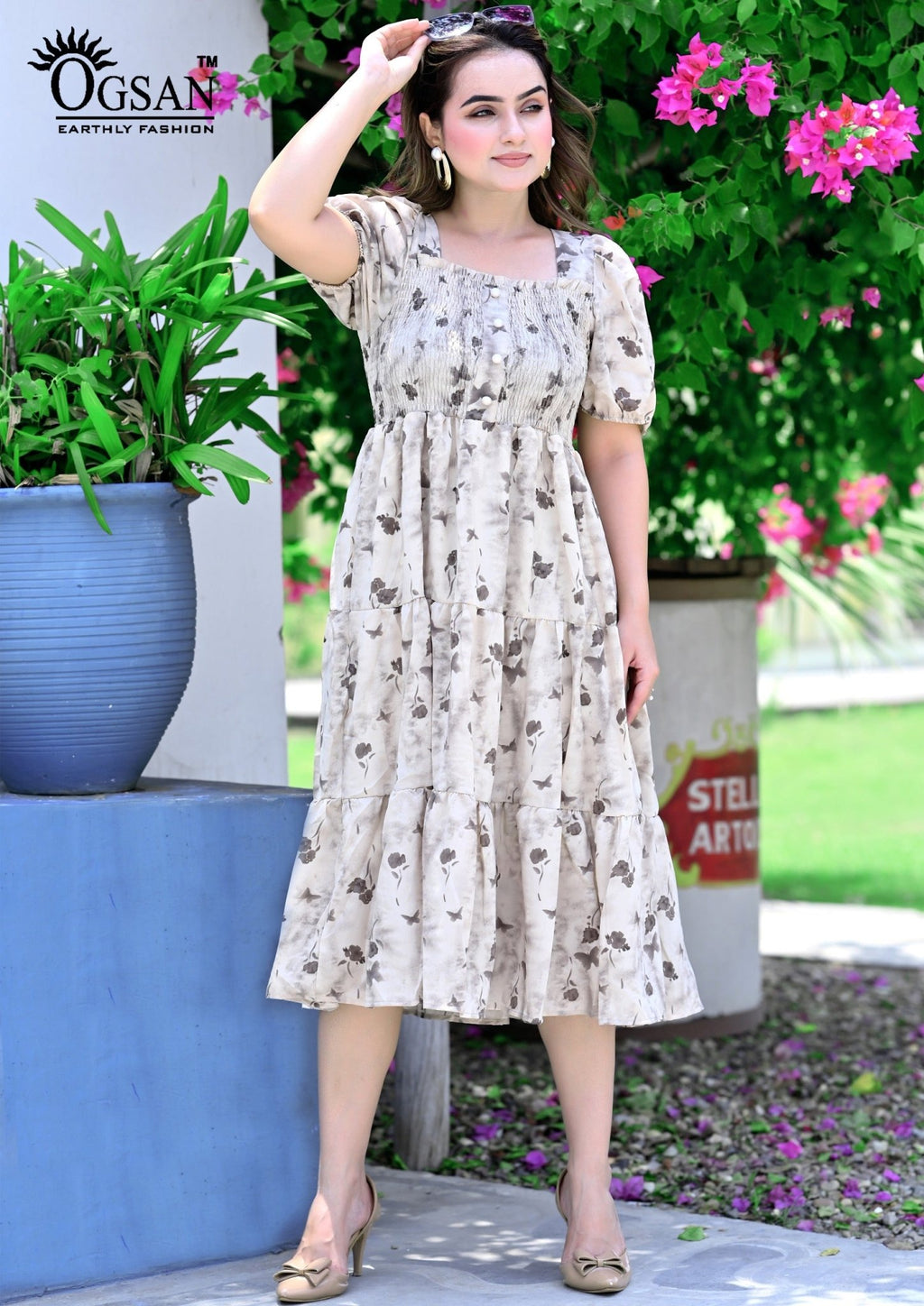 Ogsan Fashion Floral Smocked Tiered Midi Dress – Premium Summer Wear - Ogsan Fashion