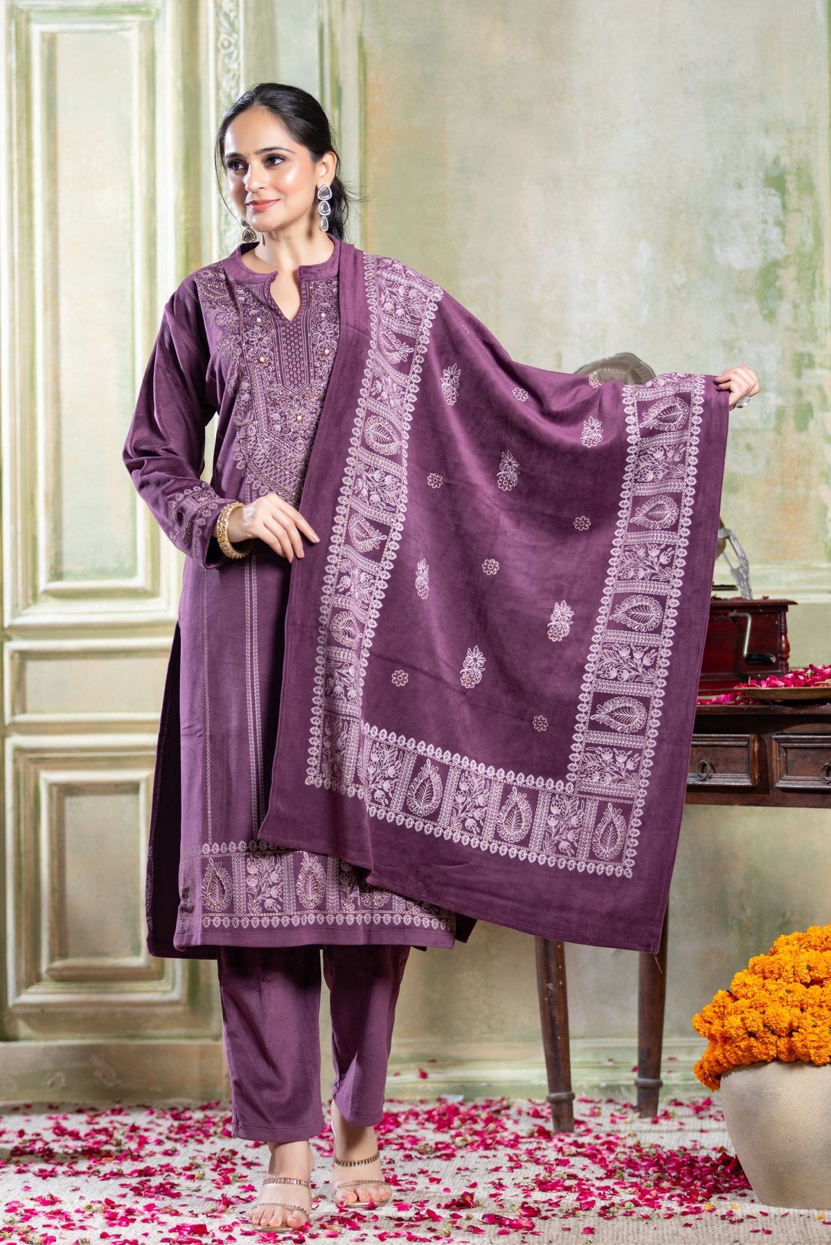 Ogsan Premium Mauve Purple Velvet Woven Border Shawl Suit - Ogsan Fashion