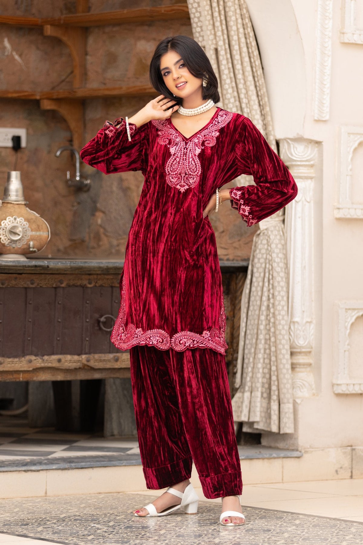 Ogsan Premium Red Crushed Velvet Salwar Co-Ord Set - Ogsan Fashion
