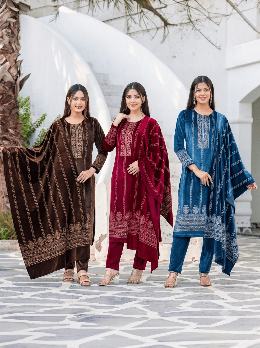 Premium Sunshine Velvet Embroidered 3-Piece Winter Suit Set | Ogsan Fashion - Ogsan Fashion