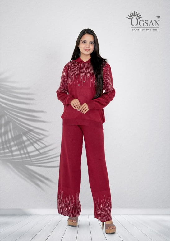 Embellished Winter Knit 2-Piece Co-ord Set – Wine Red