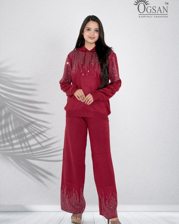 Embellished Winter Knit 2-Piece Co-ord Set – Wine Red