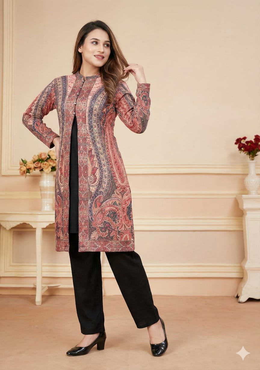 Premium Kashmiri Kani Style Jacket Kurti with Inner & Pant – 3 Piece Set