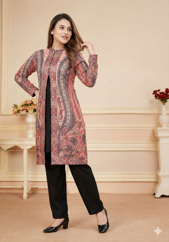 Premium Kashmiri Kani Style Jacket Kurti with Inner & Pant – 3 Piece Set
