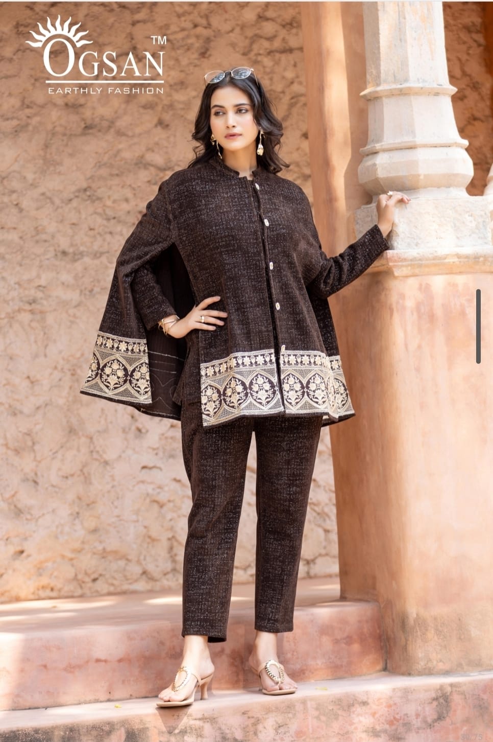 Embroidered Cape Style Coord Set – Chocolate Brown