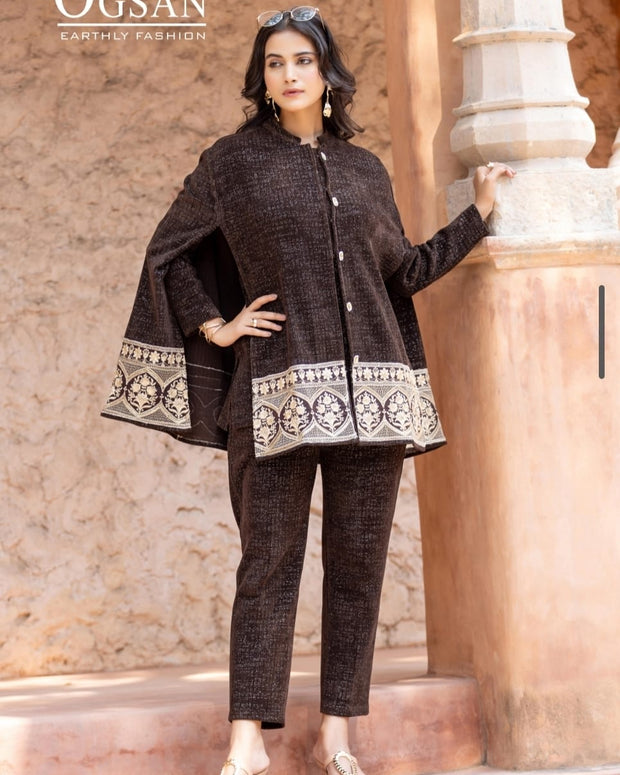 Embroidered Cape Style Coord Set – Chocolate Brown