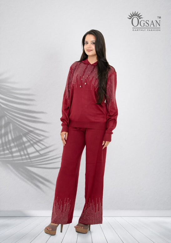 Embellished Winter Knit 2-Piece Co-ord Set – Wine Red