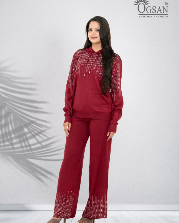Embellished Winter Knit 2-Piece Co-ord Set – Wine Red