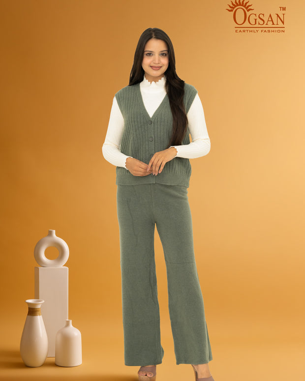 3-Piece Winter Knit Co-ord Set with Inner – Sage Green