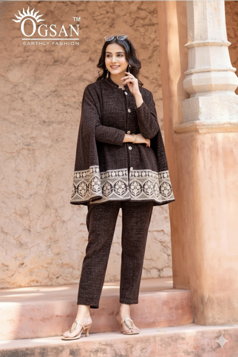 Embroidered Cape Style Coord Set – Chocolate Brown