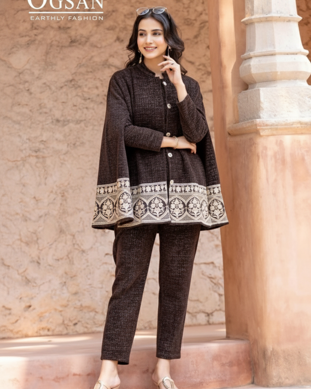 Embroidered Cape Style Coord Set – Chocolate Brown