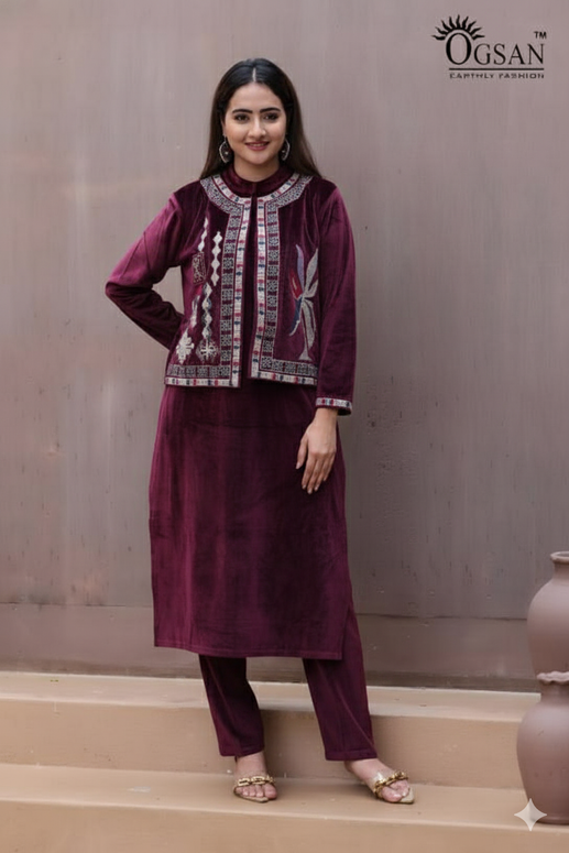 Regal Velvet Embroidered Short Jacket Kurta Set