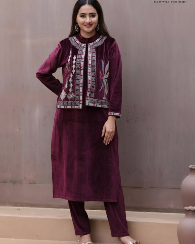 Regal Velvet Embroidered Short Jacket Kurta Set
