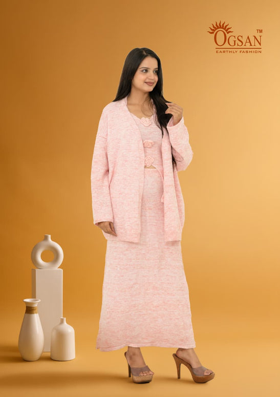 3-Piece Knitted Co-ord Set with Cardigan – Baby Pink