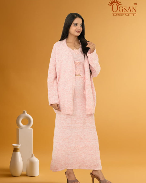 3-Piece Knitted Co-ord Set with Cardigan – Baby Pink