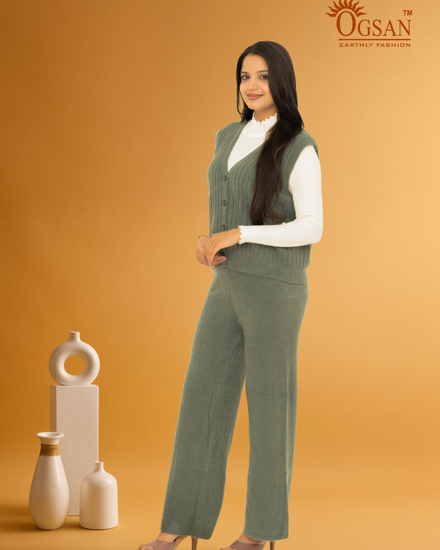 3-Piece Winter Knit Co-ord Set with Inner – Sage Green