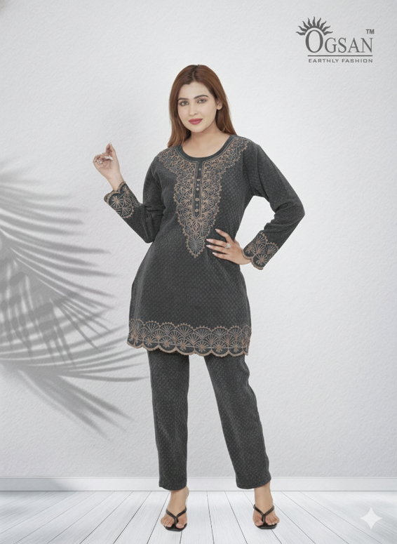 OGSAN Embroidered Cotton Co-ord Set – Lavender Grey Colour