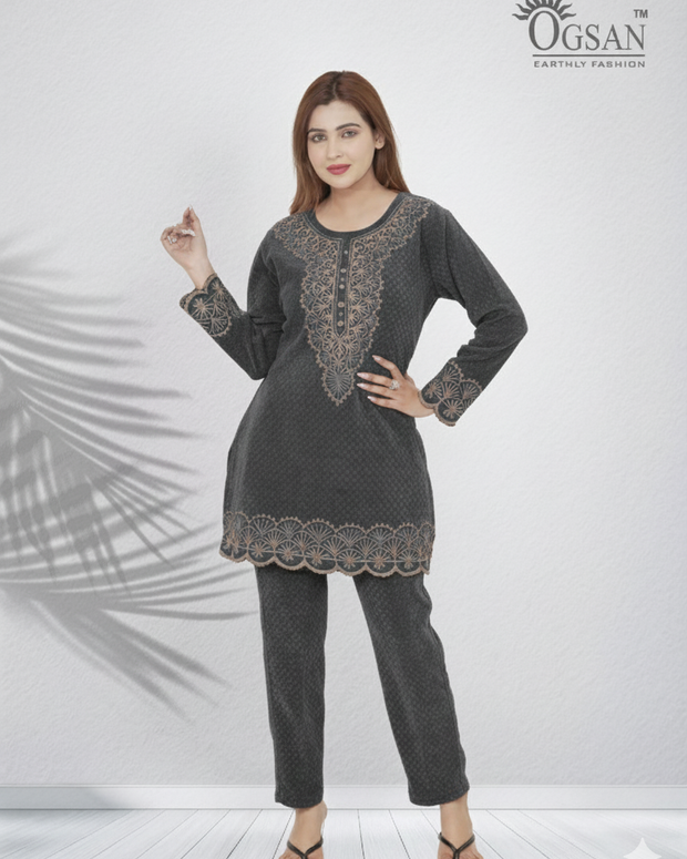 OGSAN Embroidered Cotton Co-ord Set – Lavender Grey Colour