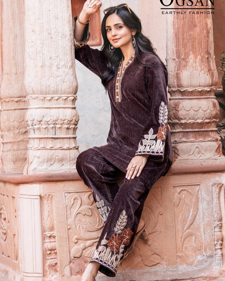 Velvet Embroidered Co-Ord Set with Free Matching Earrings