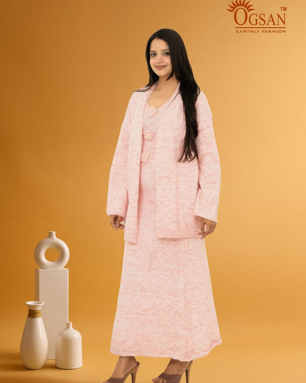 3-Piece Knitted Co-ord Set with Cardigan – Baby Pink