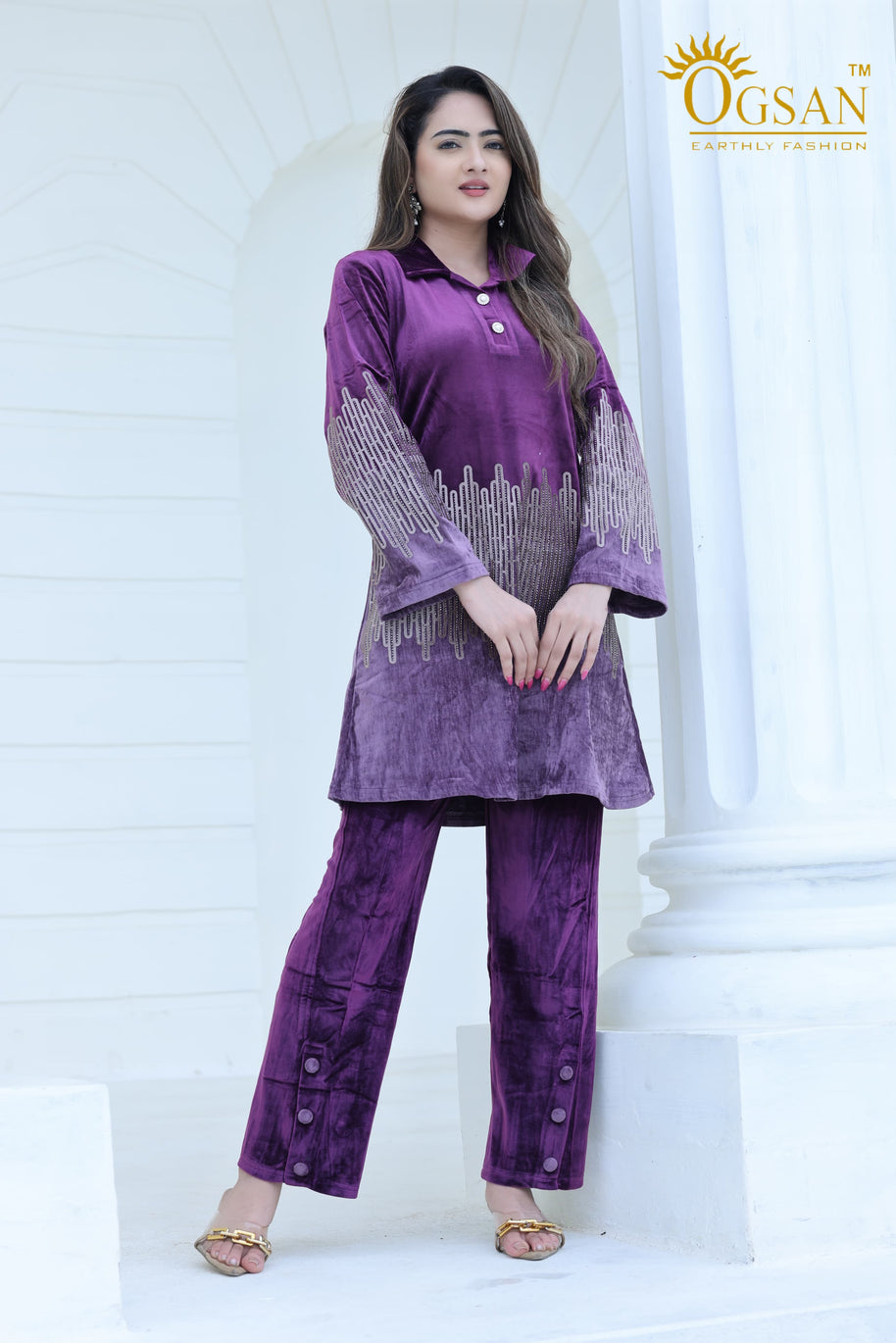 Premium Velvet Embellished 2-Piece Co-Ord Set – Purple