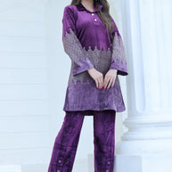 Premium Velvet Embellished 2-Piece Co-Ord Set – Purple