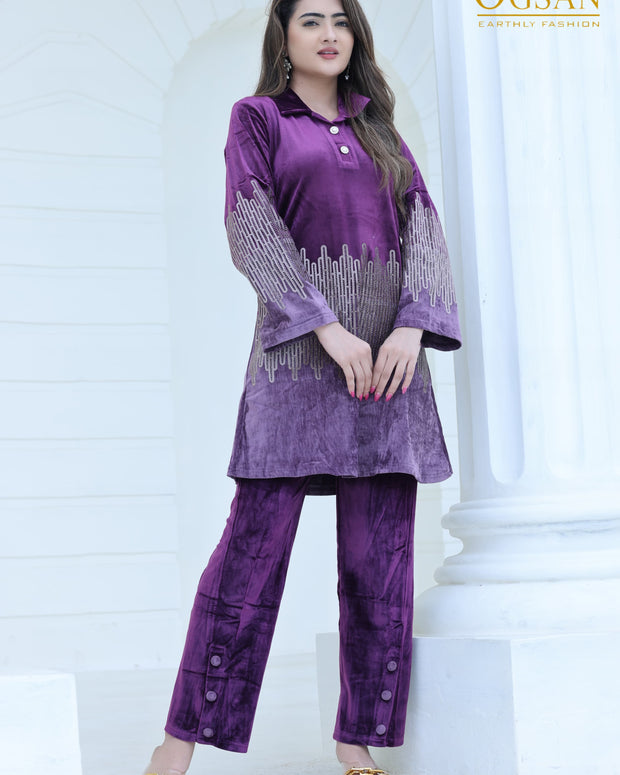 Premium Velvet Embellished 2-Piece Co-Ord Set – Purple
