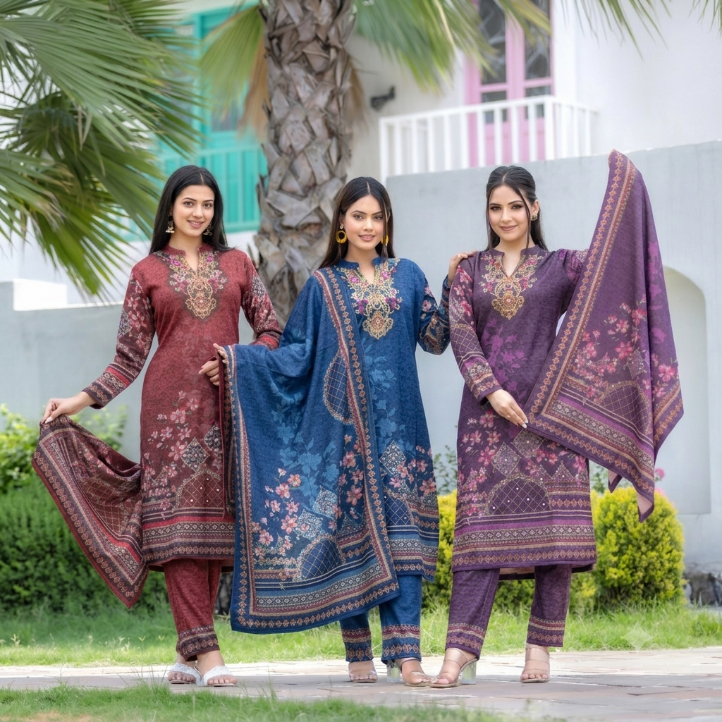 Ruhani Pashmina – Floral Printed Winter Suit Set - Ogsan Fashion