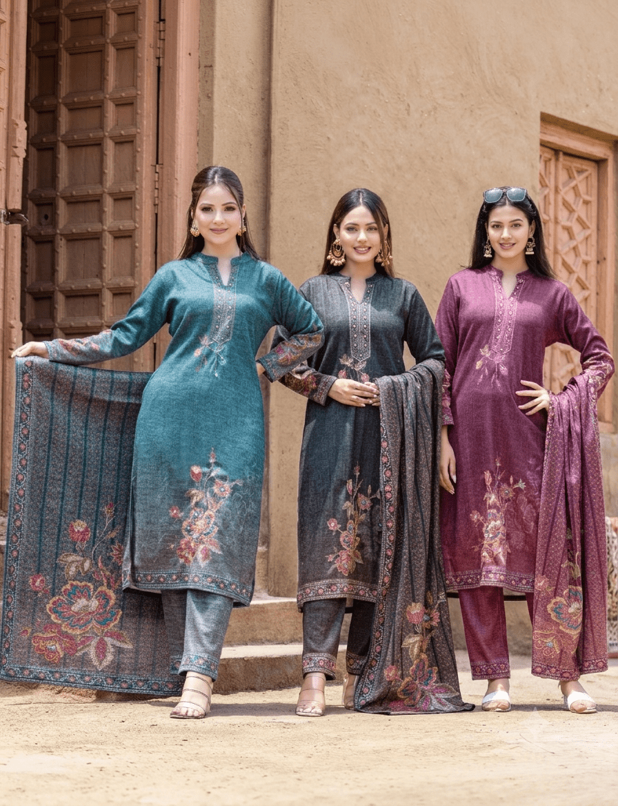 Zareenah Pashmina – Floral Printed Winter Suit Set - Ogsan Fashion
