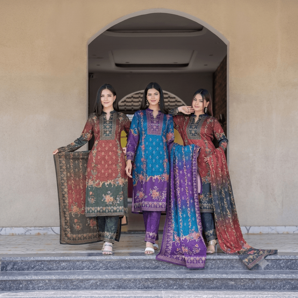 Zehnara Pashmina – Regal Floral Printed Winter Suit Set - Ogsan Fashion